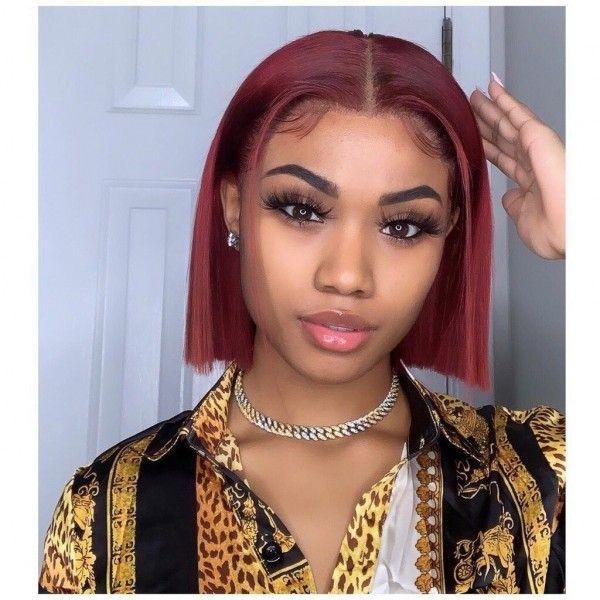 Lace Part Wig Straight Hair Lace Wig Short Bob 99J Burgundy Color - UWigs