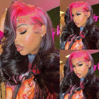 Skunk Strip Pink Highlights Wig Body Wave Lace Front Wig HD Glueless Human Wigs