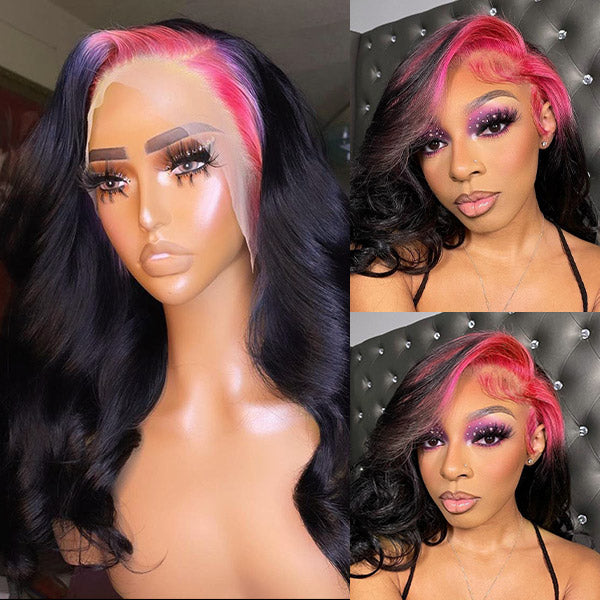 Skunk Strip Pink Highlights Wig Body Wave Lace Front Wig HD Glueless Human Wigs