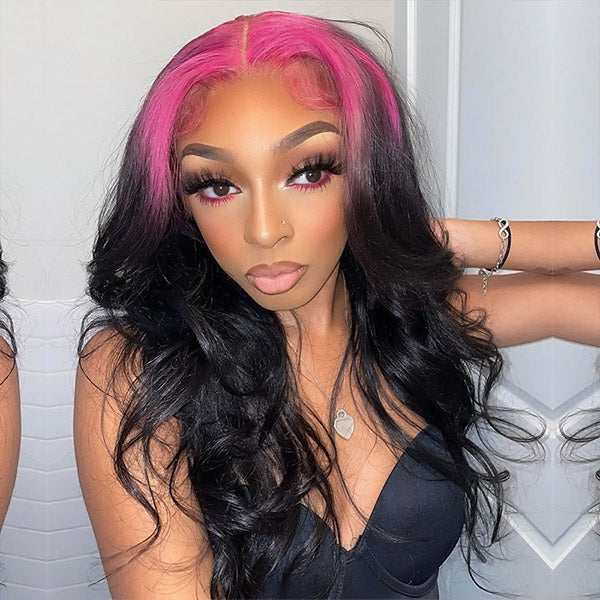 Skunk Strip Pink Highlights Wig Body Wave Lace Front Wig HD Glueless Human Wigs