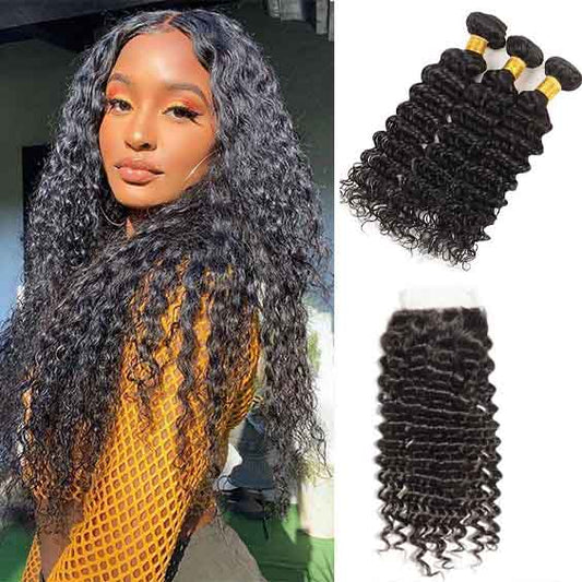 Deep Wave Human Hair Bundles with Closure Human Hair Weave Bundles with Closure