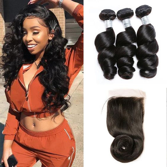 Loose Wave Bundles with Closure 3 Bundles with Lace Closure Brazilian Hair Weave Bundles with HD Lace Closure