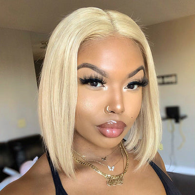 613 Blonde Bob Wig Straight Hair Lace Wig T Part Human Hair Wigs
