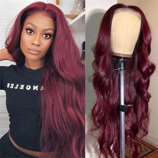 Uwigs 99J# Burgundy Body Wave Hair T Part Lace Front Wig Virgin Human Hair