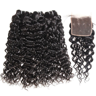 Water Wave Bundles with Closure Peruvian Hair Weave Bundles with 4x4 HD Transparent Lace Closure