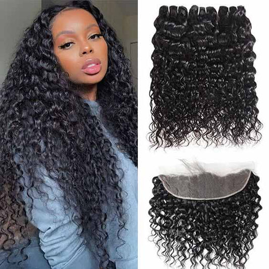 Water Wave Bundles with Frontal Wet and Wavy Human Hair Extensions with 13x4 Lace Frontal