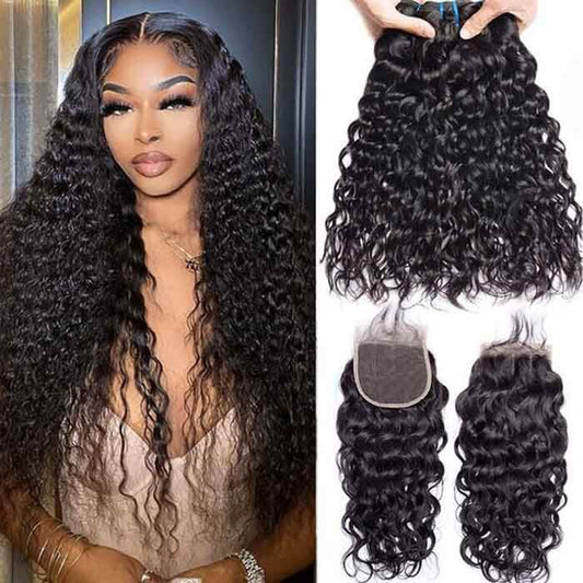Water Wave Bundles with Closure Peruvian Hair Weave Bundles with 4x4 HD Transparent Lace Closure