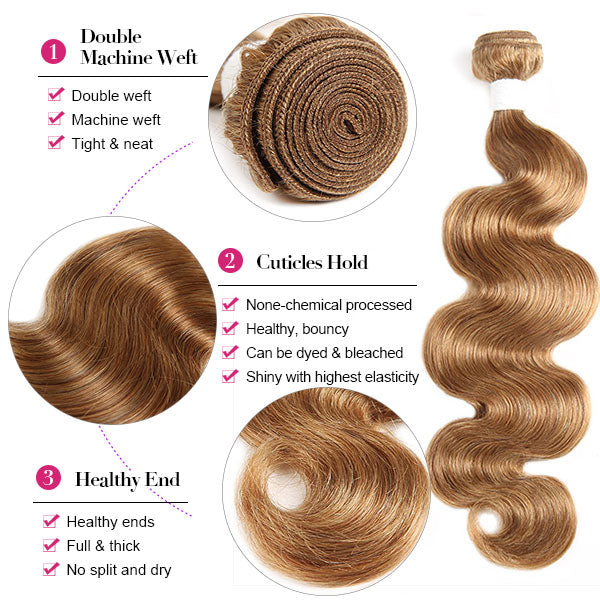 27# Blonde Color Body Wave Hair Bundles With 4*4 Lace Closure Brazilian Hair