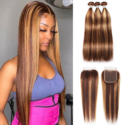Highlight Honey Blonde Straight Hair Bundles With Lace Closure Brazilian Human Hair